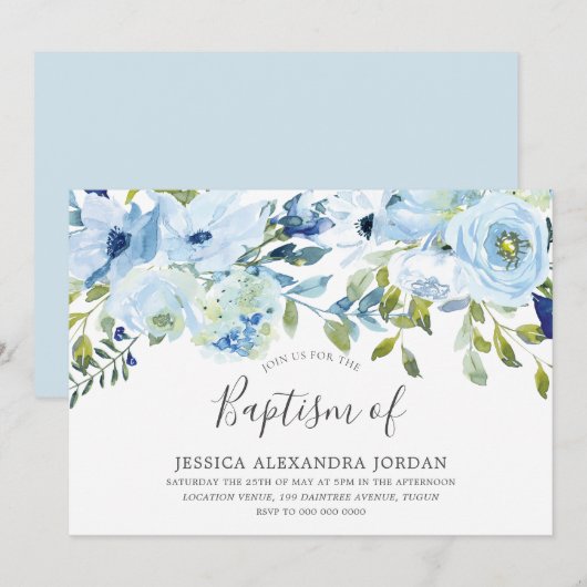 Invitation Sky Blue Aquarelle Fleurs Baptême Christening (Devant / Derrière)