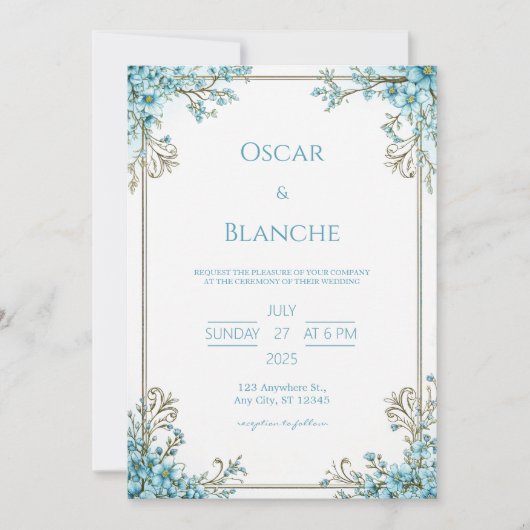 Invitation Sky Blue Blossom Elegant Gold Frame Wedding (Devant)