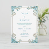 Invitation Sky Blue Blossom Elegant Gold Frame Wedding (Debout devant)