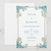 Invitation Sky Blue Blossom Elegant Gold Frame Wedding (Devant / Derrière)