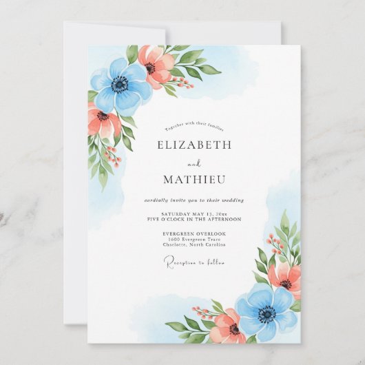 Invitation Sky Blue Coral Bloom Wedding (Devant)
