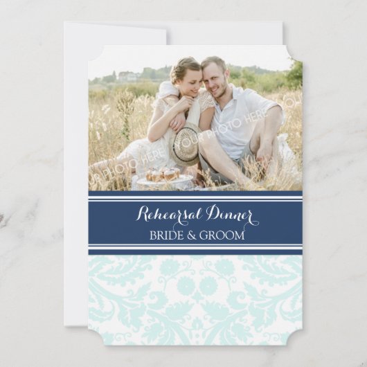 Invitation Sky Blue Damask Photo Rehearal Diner Party (Devant)