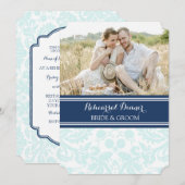 Invitation Sky Blue Damask Photo Rehearal Diner Party (Devant / Derrière)