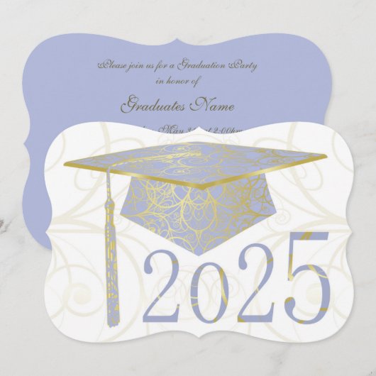 Invitation Sky Blue et Gold Floral Casquette 2025 Graduation  (Devant / Derrière)
