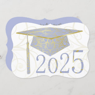 Invitation Sky Blue et Gold Floral Casquette 2025 Graduation