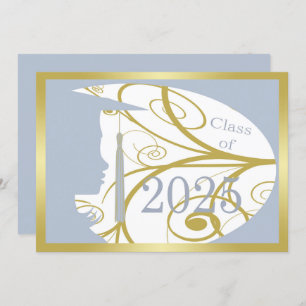 Invitation Sky Blue et Gold Silhouette 2025 Graduation Party