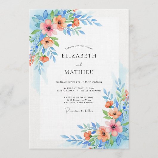 Invitation Sky Blue Floral Whimsy Wedding (Devant)