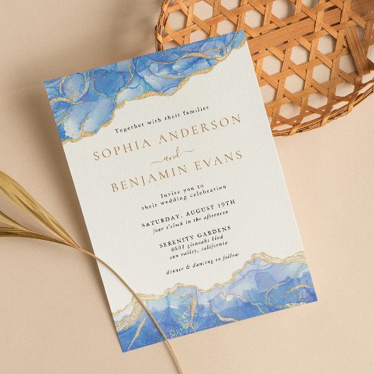 Invitation Sky Blue Gold Agate Mariage moderne