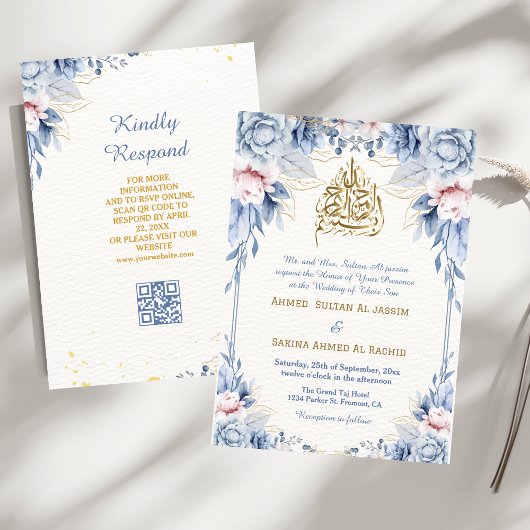 Invitation Sky Blue Gold Floral Feuille musulman Mariage code