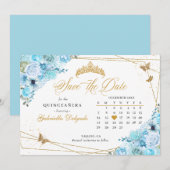 Invitation Sky Blue & Gold Quinceañera Enregistrer La Date (Devant / Derrière)