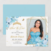 Invitation Sky Blue & Gold Quinceañera Enregistrer La Date Ph (Devant / Derrière)