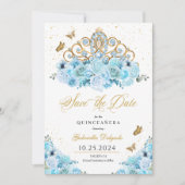 Invitation Sky Blue & Gold Tiara Enregistrer La Date Quinceañ (Devant)