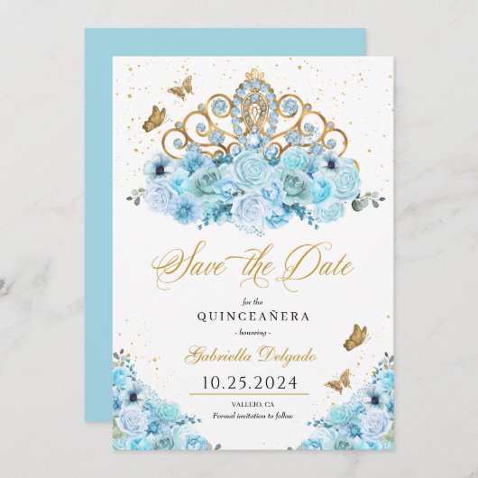 Invitation Sky Blue & Gold Tiara Enregistrer La Date Quinceañ (Devant / Derrière)