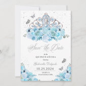 Invitation Sky Blue & Silver Tiara Enregistrer La Date Quince (Devant)