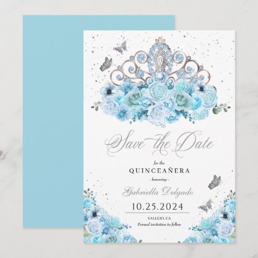 Invitation Sky Blue & Silver Tiara Enregistrer La Date Quince (Devant / Derrière)