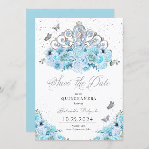Invitation Sky Blue & Silver Tiara Enregistrer La Date Quince