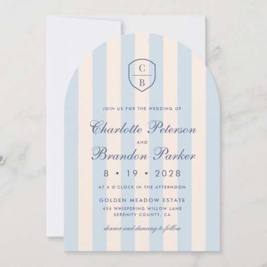 Invitation Sky Blue Stripes Monogram Crest Mariage (Devant)