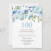 Invitation Sky Blue Watercolor Flowers 100e fête d'anniversai (Devant)