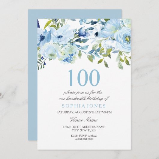 Invitation Sky Blue Watercolor Flowers 100e fête d'anniversai (Devant / Derrière)