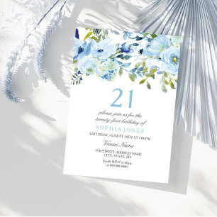Invitation Sky Blue Watercolor Flowers 21e fête d'anniversair