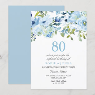 Invitation Sky Blue Watercolor Flowers 80e fête d'anniversair