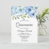 Invitation Sky Blue Watercolor Flowers Moderne Quinceanera (Debout devant)