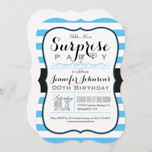 Invitation Sky Blue & White Stripes Surprise (Devant / Derrière)