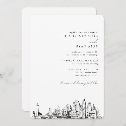 Invitation Skyline Élégante du Mariage Baltimore (Devant / Derrière)