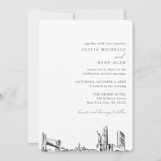Invitation Skyline Élégante du Mariage de New York (Devant)