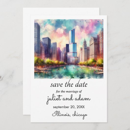 Invitation skyline mariage de chicago enregistrer la date (Devant / Derrière)
