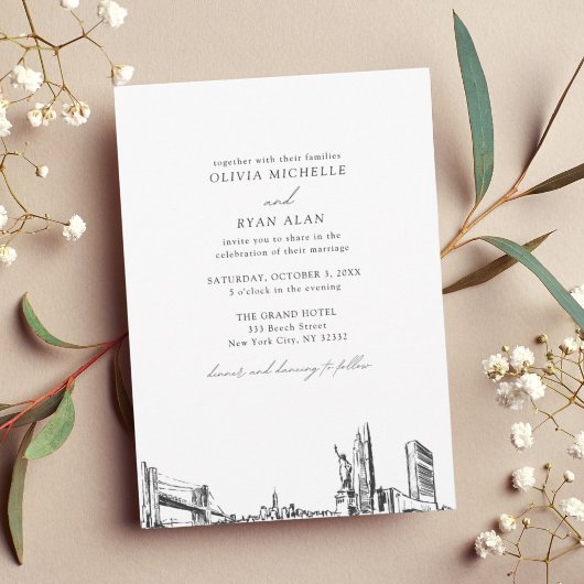 Invitation Skyline moderne Noir & Blanc New York City Mariage