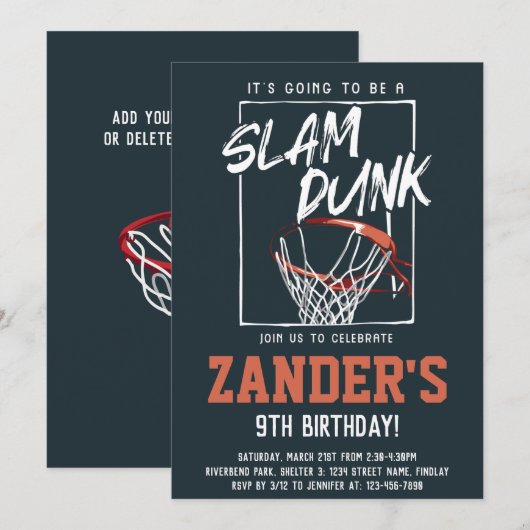 Invitation Slam Dunk Basketball fête d'anniversaire, tout âge (Devant / Derrière)