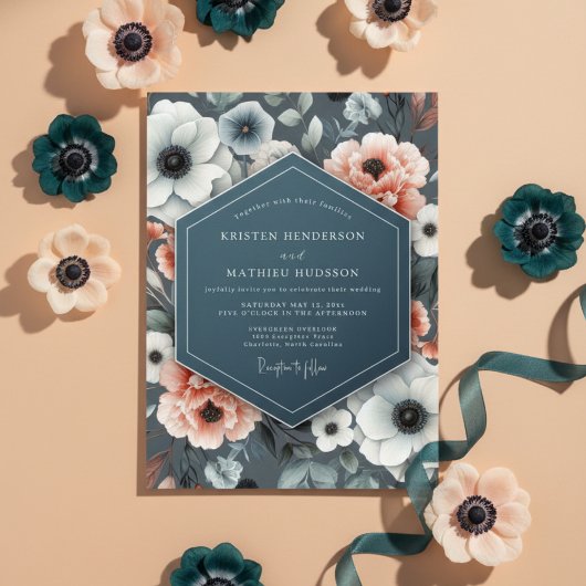 Invitation Slate Blue Anemone Bloom Wedding