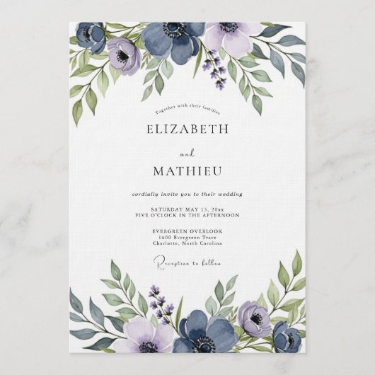 Invitation Slate Blue Artistic Floral Wedding (Devant)
