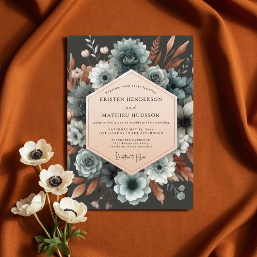 Invitation Slate Blue Autumn Bloom Wedding