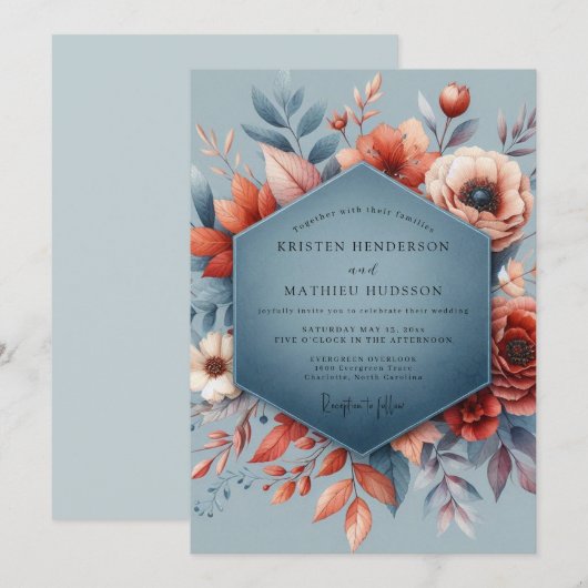 Invitation Slate Blue Autumnal Bloom Wedding (Devant / Derrière)