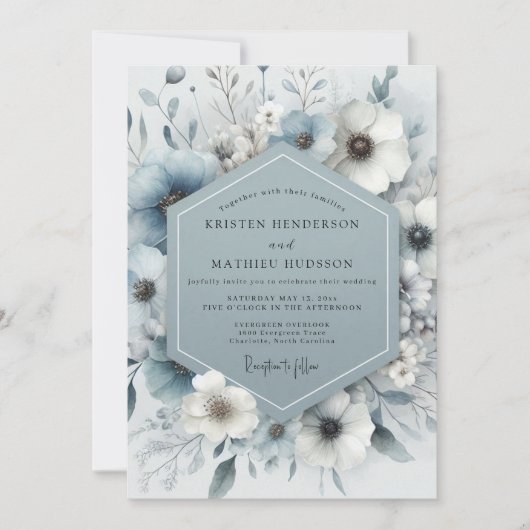 Invitation Slate Blue Bloom Frost Wedding (Devant)