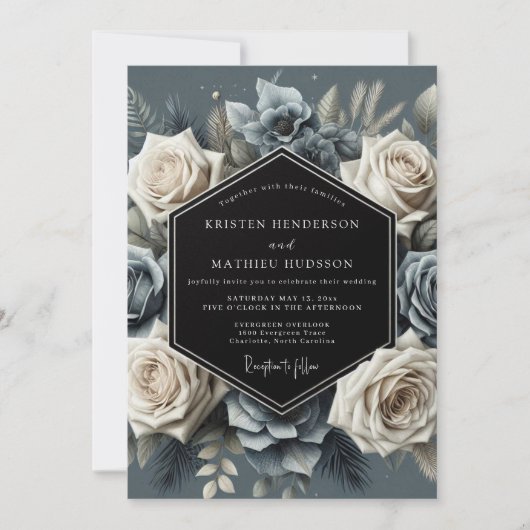 Invitation Slate Blue Bloom Opulent Wedding (Devant)