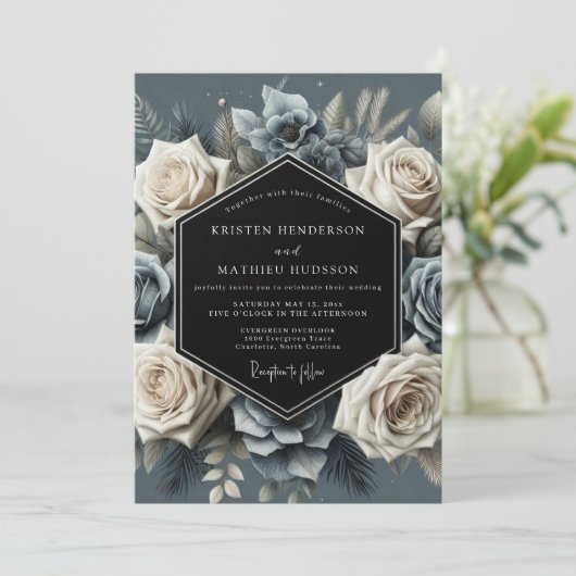 Invitation Slate Blue Bloom Opulent Wedding (Debout devant)