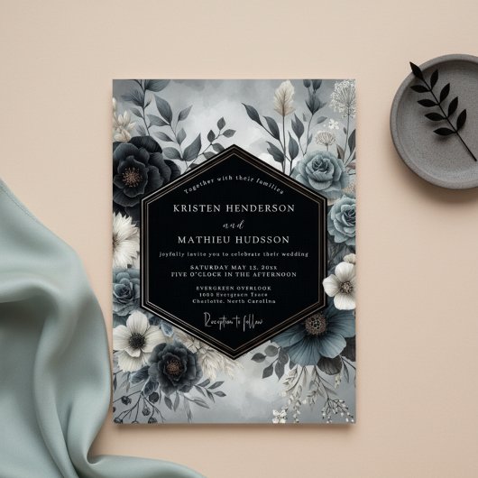 Invitation Slate Blue Bloom Wedding