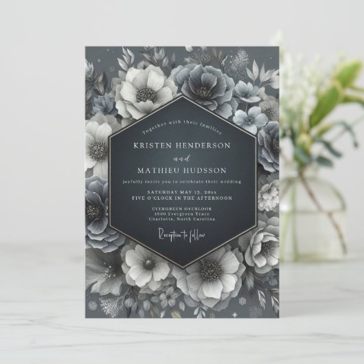 Invitation Slate Blue Bloom Wedding (Debout devant)