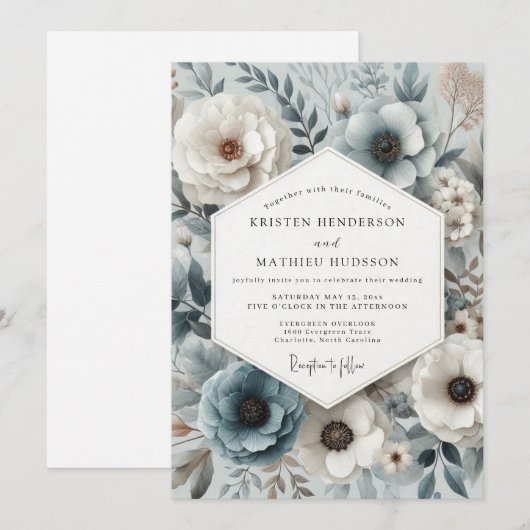 Invitation Slate Blue Botanical Bloom Wedding (Devant / Derrière)