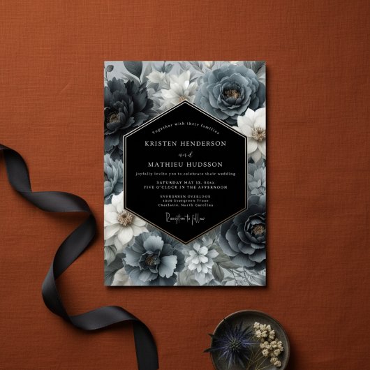 Invitation Slate Blue Dark Bloom Wedding