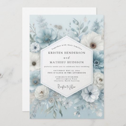 Invitation Slate Blue Ethereal Anemone Wedding (Devant / Derrière)