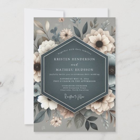 Invitation Slate Blue Ethereal Bloom Wedding (Devant)