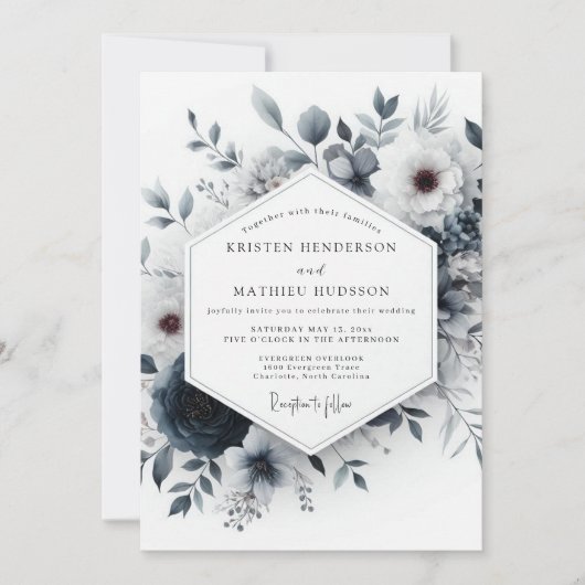Invitation Slate Blue Ethereal Bloom Wedding (Devant)