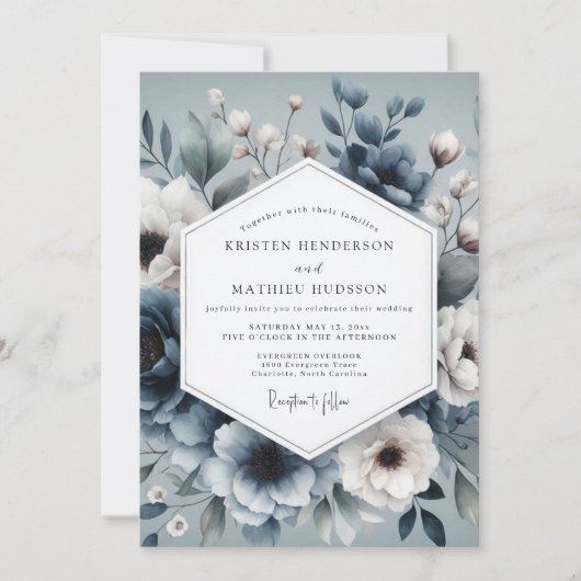Invitation Slate Blue Ethereal Bloom Wedding (Devant)
