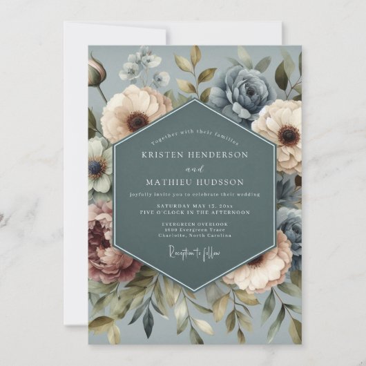 Invitation Slate Blue Faded Posy Wedding (Devant)