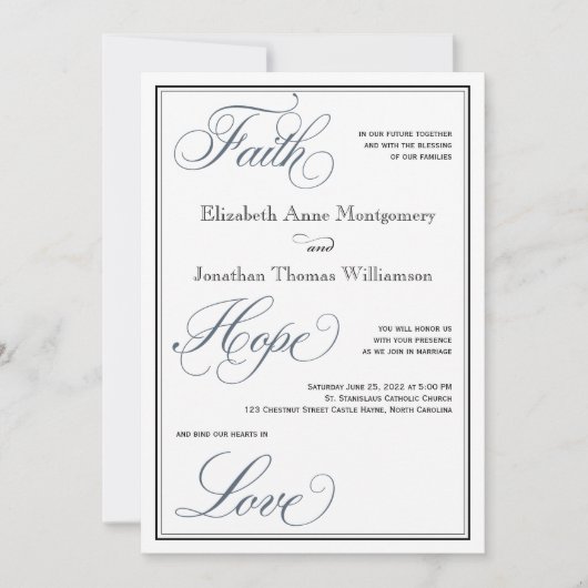 Invitation Slate Blue Faith Hope Love Script Mariage (Devant)