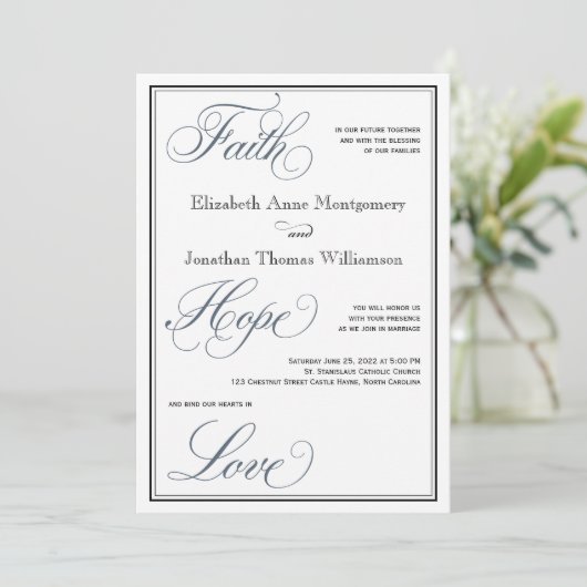 Invitation Slate Blue Faith Hope Love Script Mariage (Debout devant)